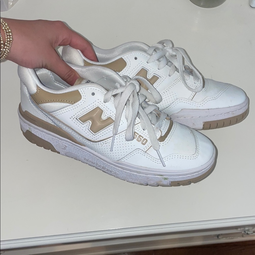 New Balance White and Tan Sneakers Classic Athletic Style